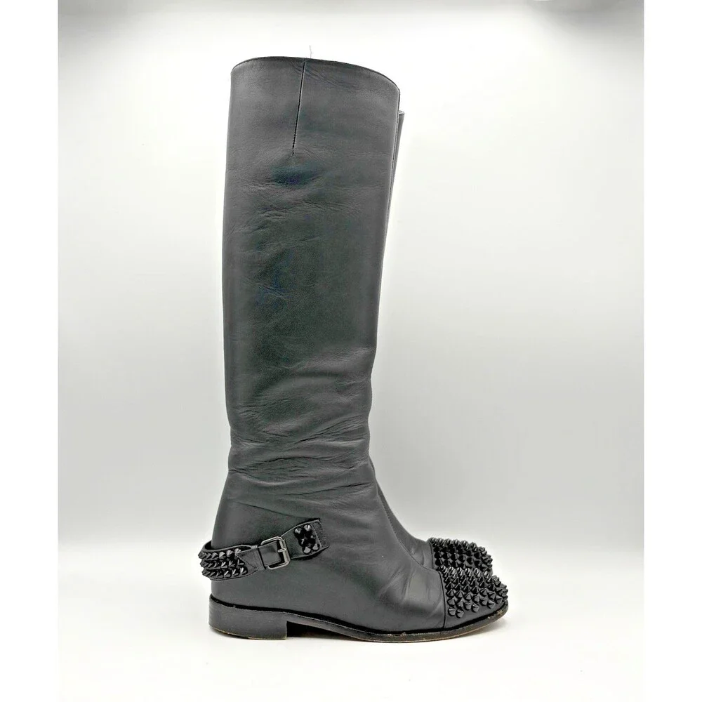 Christian Louboutin Black Leather Spike Cap Toe Egoutina Knee High Boots EU 35